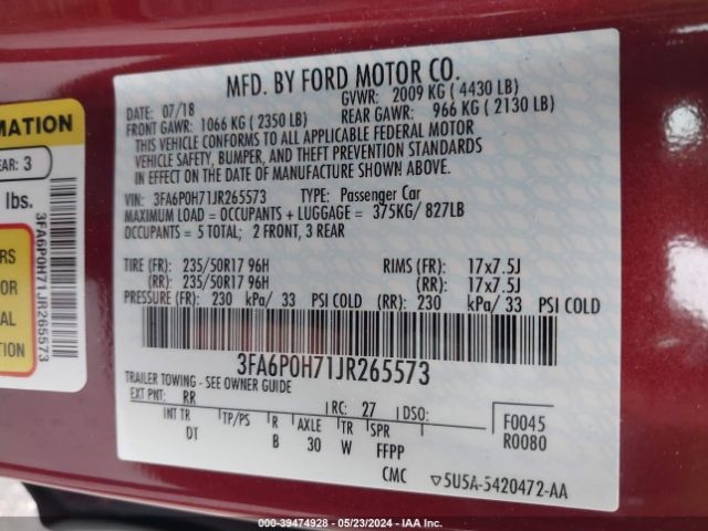 3FA6P0H71JR265573 Ford FUSION SE
