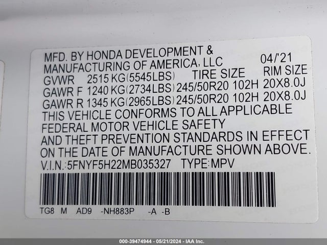 Honda Pilot 2wd Special Edition 2021 5FNYF5H22MB035327 Image 9