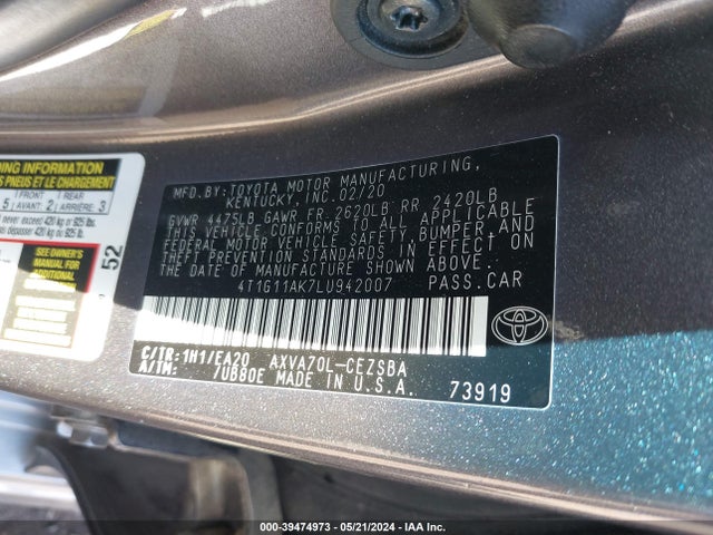 Toyota CAMRY SE 2020 4T1G11AK7LU942007 Image 9