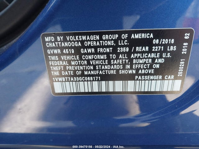 Volkswagen Passat 1.8t Se 2016 1VWBT7A33GC068171 Image 9