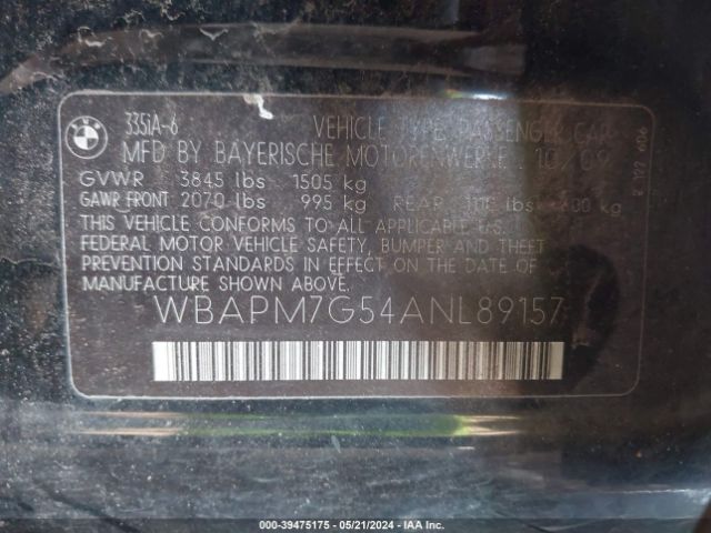 2010 BMW 335I WBAPM7G54ANL89157 Photo 8