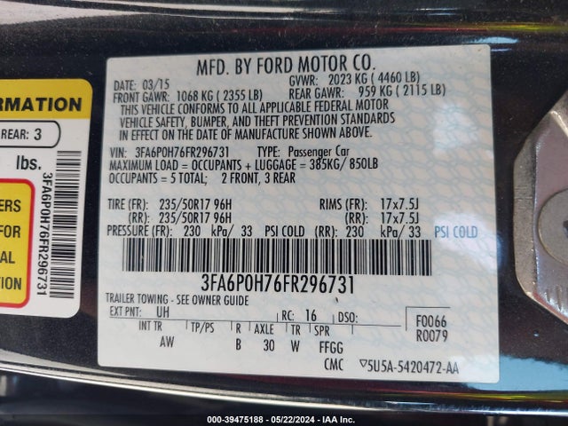 Ford FUSION SE 2015 3FA6P0H76FR296731 Image 9