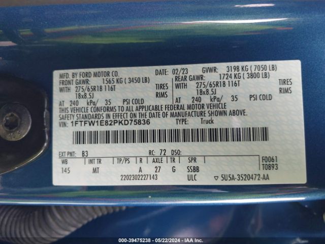 1FTFW1E82PKD75836 Ford F-150 Xlt