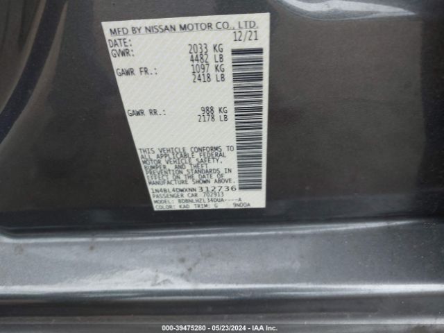 1N4BL4DWXNN312736 Nissan Altima Sv Intelligent Awd