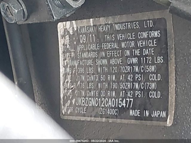 2012 KAWASAKI ZG1400 JKBZGNC12CA015477 Photo 9
