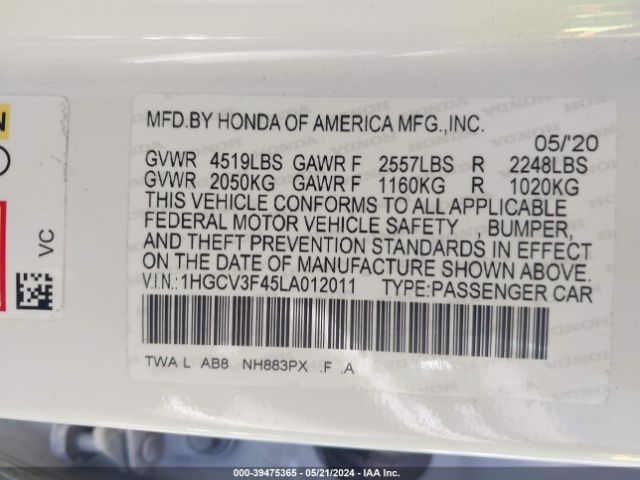 1HGCV3F45LA012011 Honda Accord Hybrid Ex