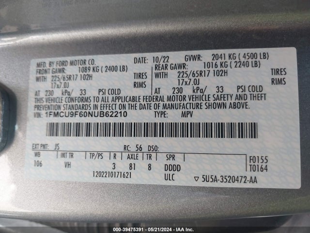 Ford ESCAPE S 2022 1FMCU9F60NUB62210 Image 9