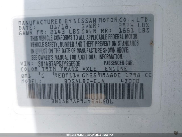 Nissan SENTRA S 2018 3N1AB7AP9JY256506 Image 9