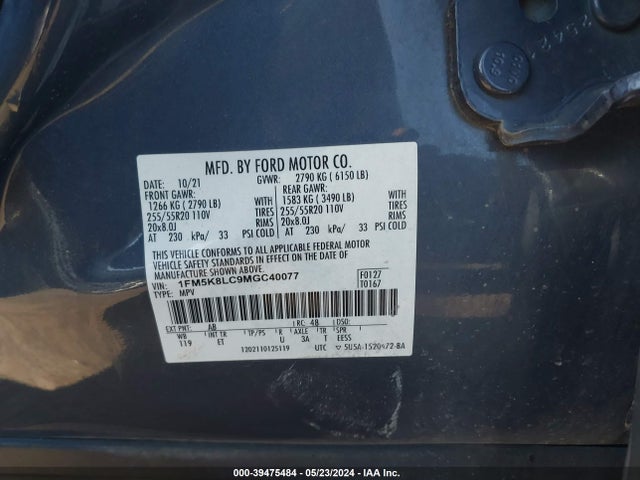 Ford Explorer King Ranch 2021 1FM5K8LC9MGC40077 Image 9