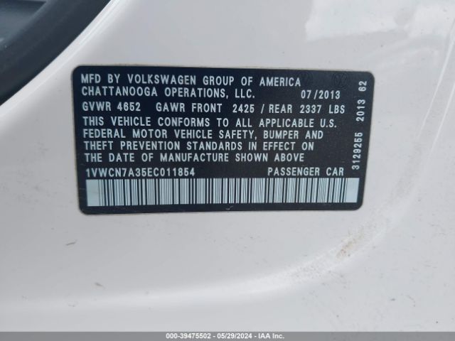 1VWCN7A35EC011854 Volkswagen Passat 2.0l Tdi Sel Premium