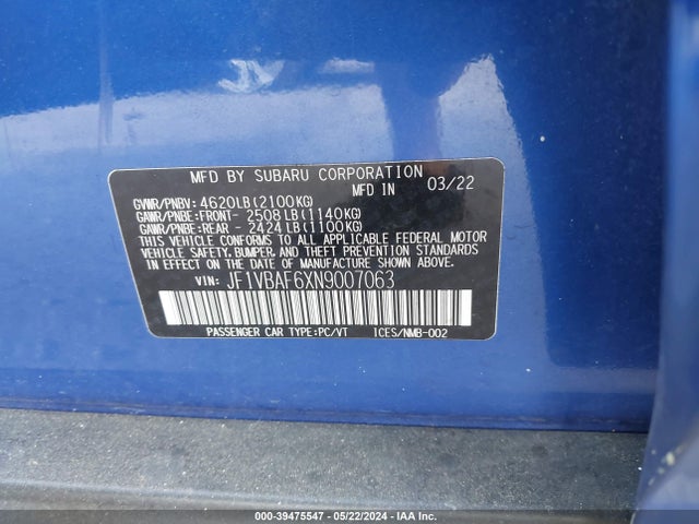 Subaru Wrx Premium 2022 JF1VBAF6XN9007063 Image 9