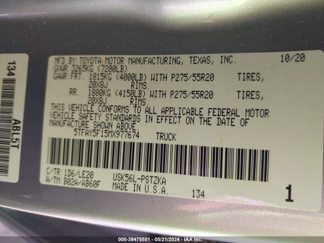 Toyota Tundra Platinum 2021 5TFAY5F15MX977674 Image 9
