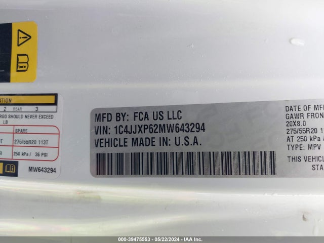 Продаж на аукціоні авто 2021 Jeep Wrangler 4xe Unlimited High Altitude 4x4, vin: 1C4JJXP62MW643294, номер лоту: 39475553