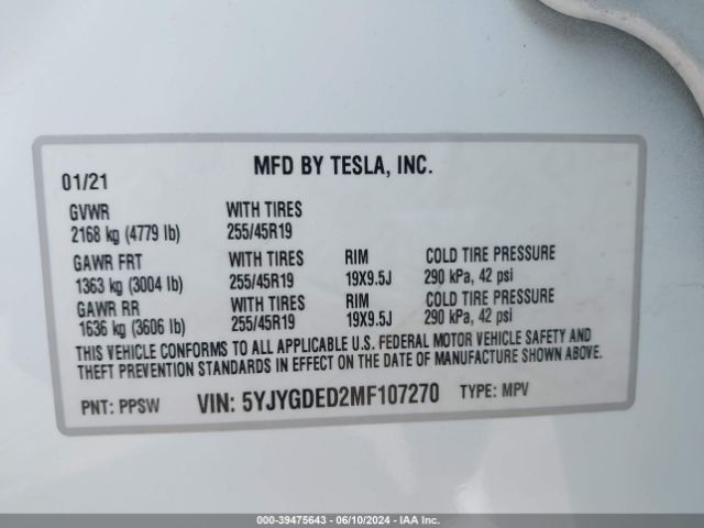 5YJYGDED2MF107270 Tesla Model Y Standard Range Rear-wheel Drive