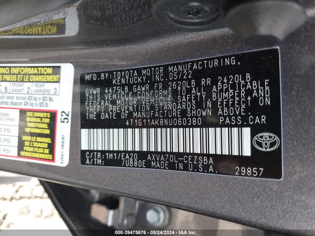 Toyota CAMRY SE 2022 4T1G11AK8NU060380 Image 9