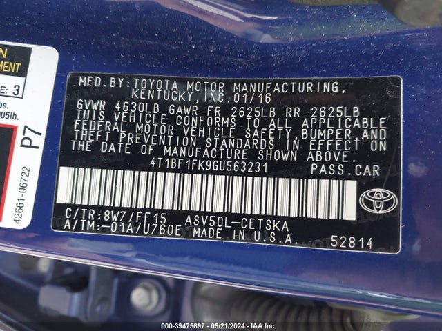 Toyota CAMRY SE 2016 4T1BF1FK9GU563231 Image 9