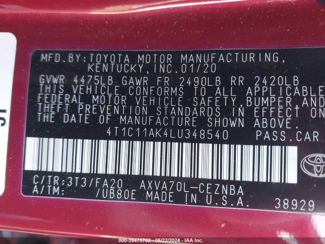 Toyota CAMRY LE 2020 4T1C11AK4LU348540 Image 9
