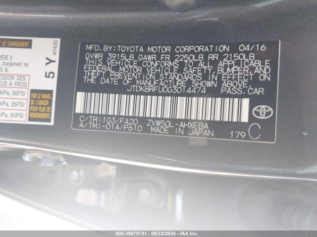 Toyota Prius Two 2016 JTDKBRFU0G3014474 Image 9