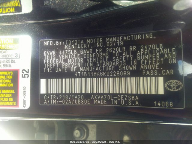 4T1B11HK6KU228089 Toyota CAMRY SE