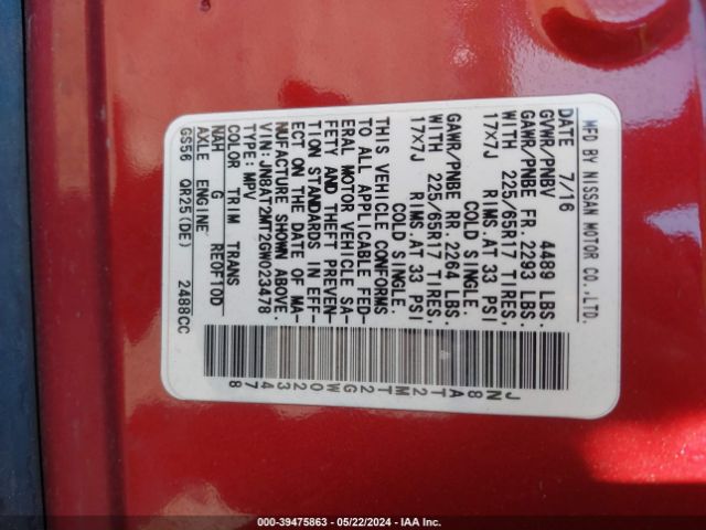 JN8AT2MT2GW023478 Nissan ROGUE S