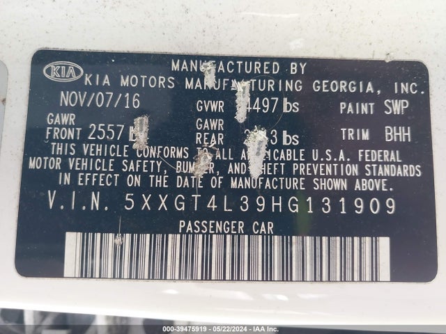 5XXGT4L39HG131909 KIA Optima Lx