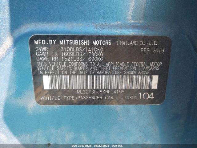 2019 MITSUBISHI MIRAGE G4 ML32F3FJ8KHF14195 Photo 8