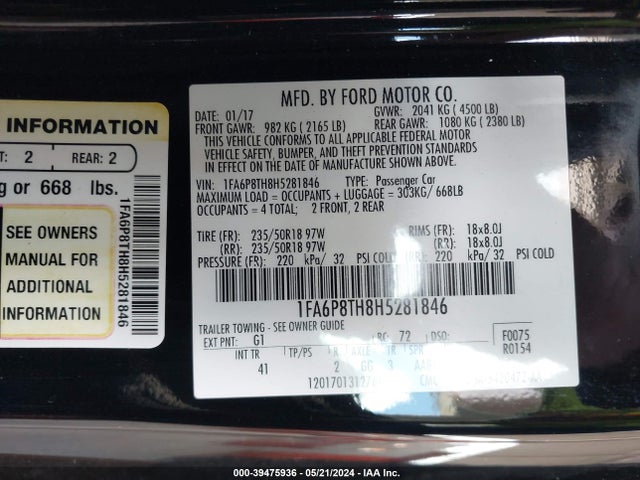 Ford Mustang Ecoboost 2017 1FA6P8TH8H5281846 Image 9
