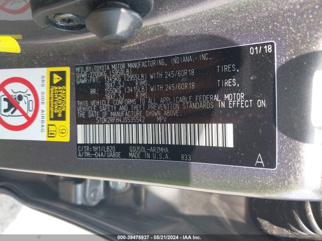 Toyota Highlander Xle 2018 5TDKZRFH4JS535542 Image 9
