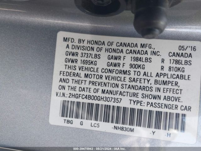2HGFC4B00GH307357 Honda Civic Lx-p