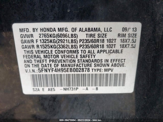 Honda Pilot Touring 2014 5FNYF4H95EB002878 Image 9