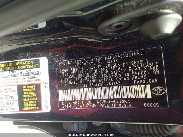 Toyota CAMRY SE 2017 4T1BF1FK2HU761442 Image 9