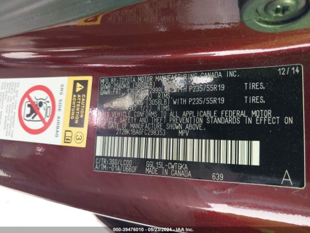 2T2BK1BA6FC298353 Lexus RX 350