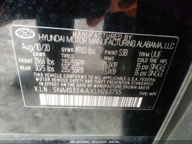 5NMS33AAXLH263755 Hyundai Santa Fe Sel 2.0t