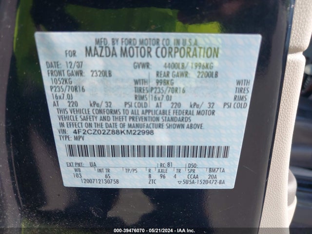 Aukcja sprzedaży 2008 Mazda Tribute I Grand Touring, vin: 4F2CZ02Z88KM22998, numer aukcji: 39476070