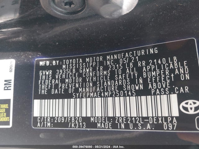 Toyota COROLLA LE 2021 5YFEPMAE4MP250145 Image 9
