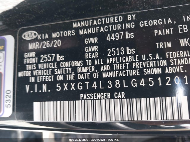 KIA Optima S 2020 5XXGT4L38LG451201 Image 9