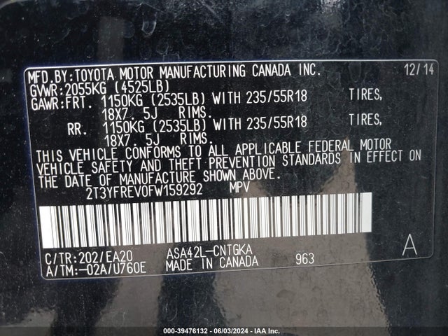 Toyota Rav4 Limited 2015 2T3YFREV0FW159292 Image 9