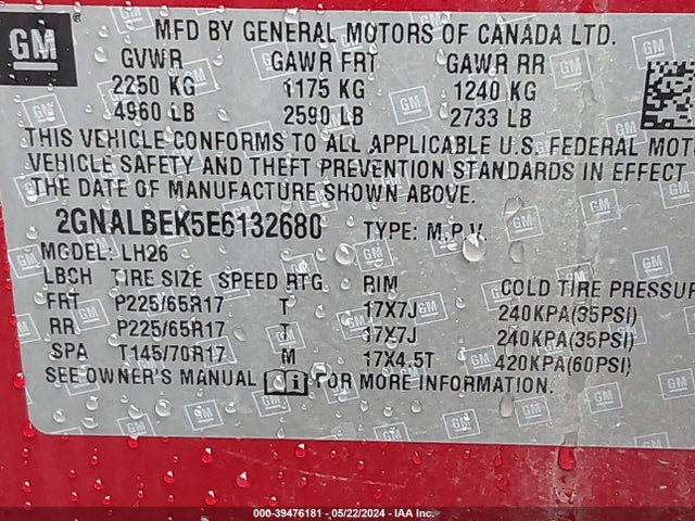 Chevrolet EQUINOX 1LT 2014 2GNALBEK5E6132680 Image 9