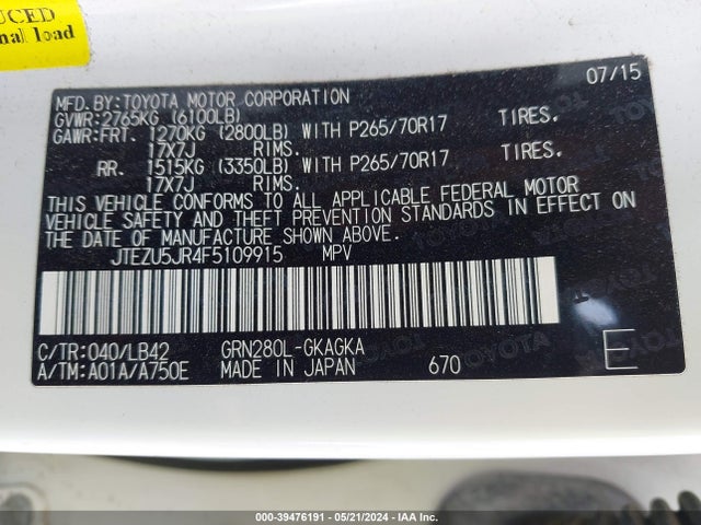 Toyota 4runner Sr5 Premium 2015 JTEZU5JR4F5109915 Image 9