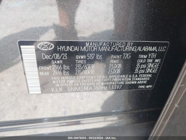 5NMS14AJ8PH653397 Hyundai Santa Fe Se