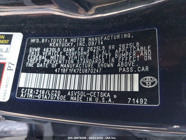 Toyota CAMRY SE 2014 4T1BF1FK7EU870247 Image 9