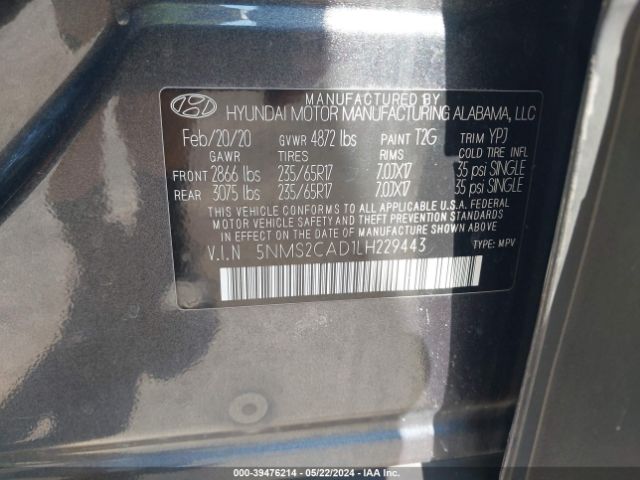 5NMS2CAD1LH229443 Hyundai Santa Fe Se