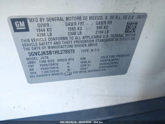 Chevrolet TRAX LS 2017 3GNCJKSB1HL278979 Image 9