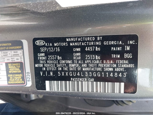 KIA OPTIMA EX 2016 5XXGU4L33GG114843 Image 9