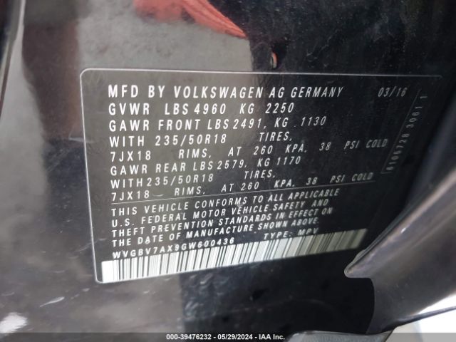 WVGBV7AX9GW600436 Volkswagen TIGUAN SE