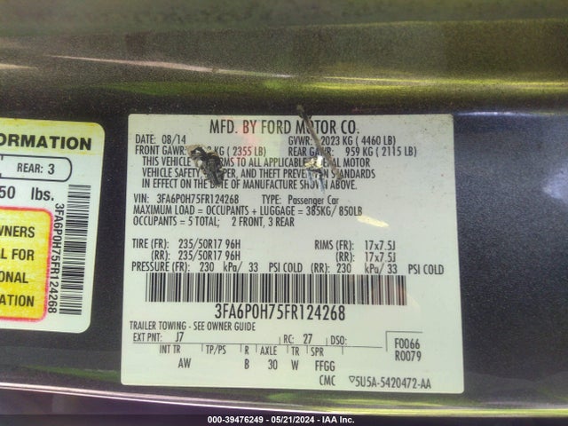 Ford FUSION SE 2015 3FA6P0H75FR124268 Image 9