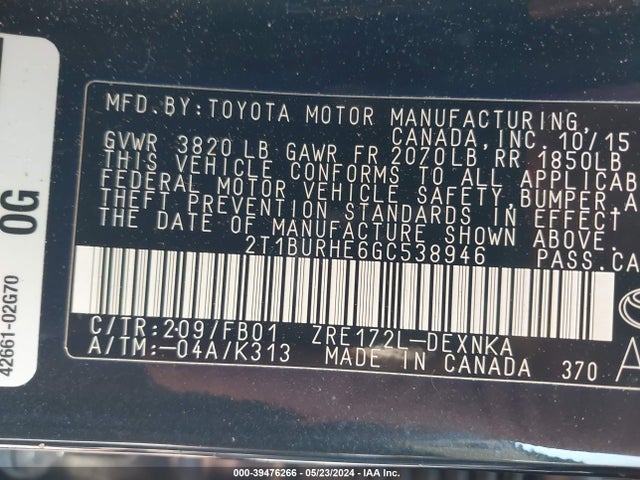 Toyota COROLLA LE 2016 2T1BURHE6GC538946 Image 9