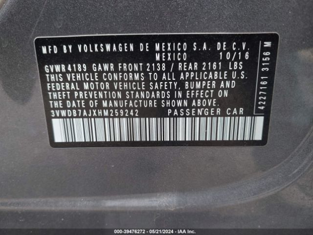 3VWDB7AJXHM259242 Volkswagen Jetta 1.4t Se