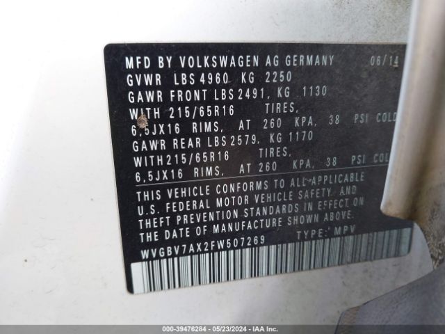 WVGBV7AX2FW507269 Volkswagen TIGUAN S