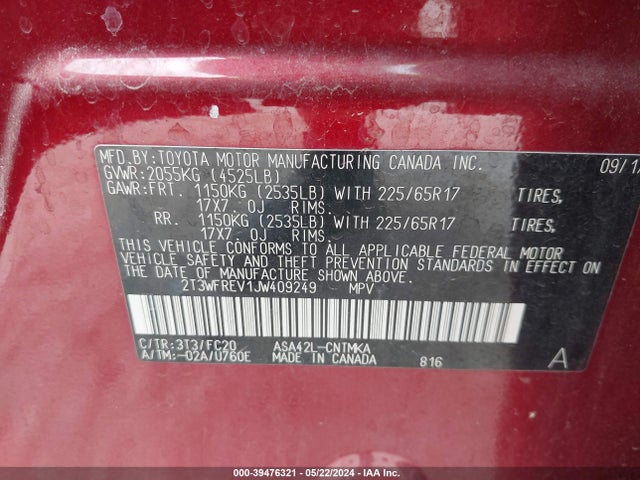 Toyota Rav4 Xle 2018 2T3WFREV1JW409249 Image 9